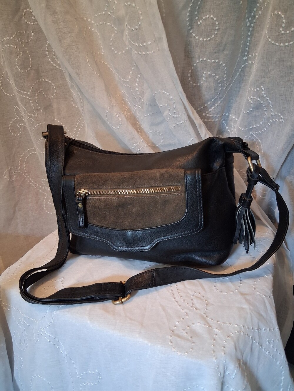 American Leather Co. Black Leather and Suede Crossbody or Shoulder Bag
